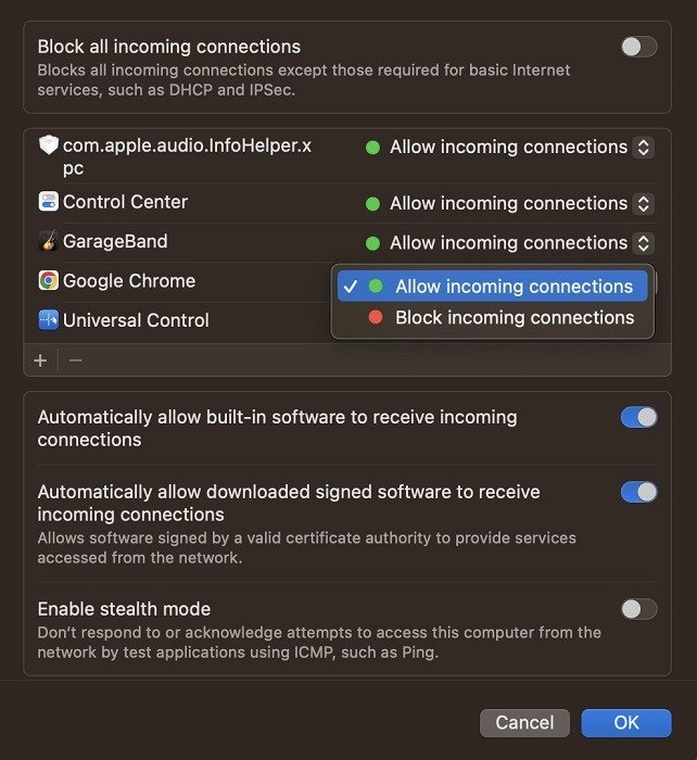 Изменение статуса Google Chrome в «Брандмауэре» на Mac.