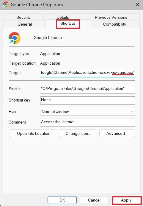 Добавлен флаг «нет песочницы» в свойствах Chrome.