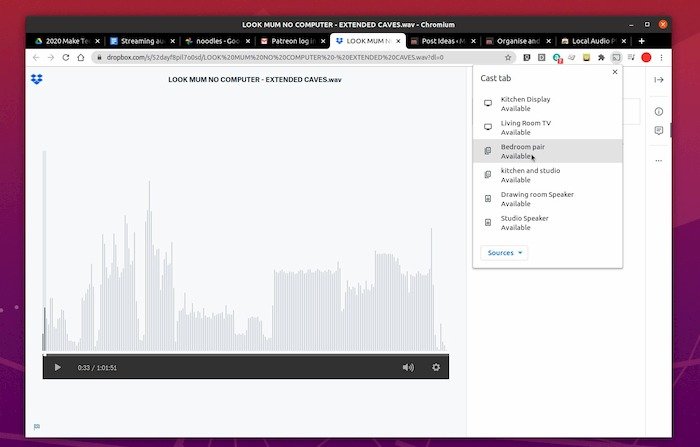 Снимок экрана, показывающий прямую трансляцию удаленного файла (с помощью Look Mum No Computer) на одно из наших устройств Chromecast.