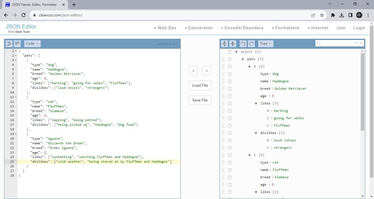 Редактор JSON из представления «Инструменты Дэна» в браузере.