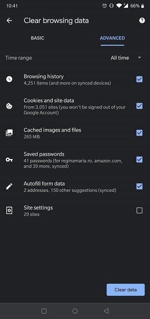 Очистить историю веб-браузера Android Chrome Advanced Очистить данные