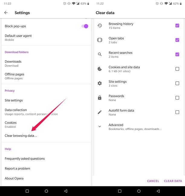 Очистить историю веб-браузера Android Opera Advanced Очистить историю