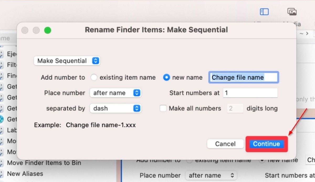 Нажмите «Продолжить», чтобы продолжить работу в диалоговом окне «Переименование элементов Finder».