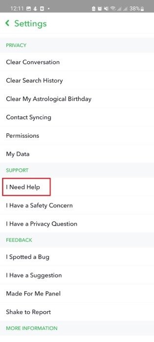 Выберите опцию «Мне нужна помощь» в настройках Snapchat.