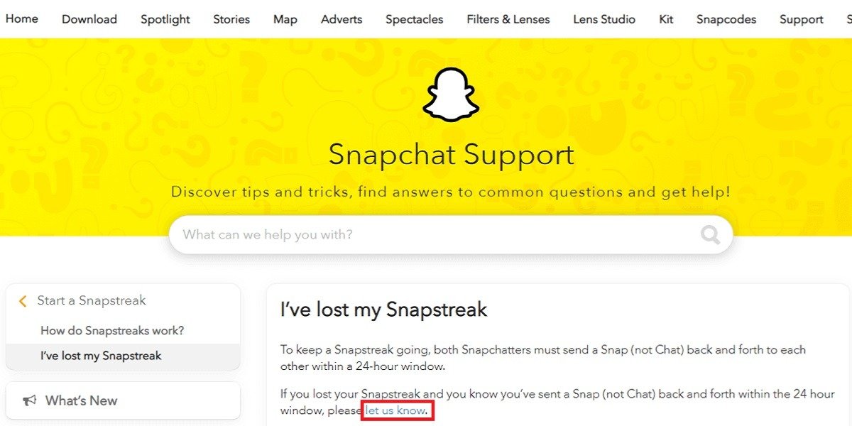 Страница «Я потерял свою страницу Snapstreak» в Интернете.