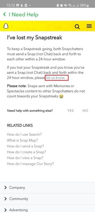 Страница «Я потерял свою Snapstreak» в приложении Snapchat.