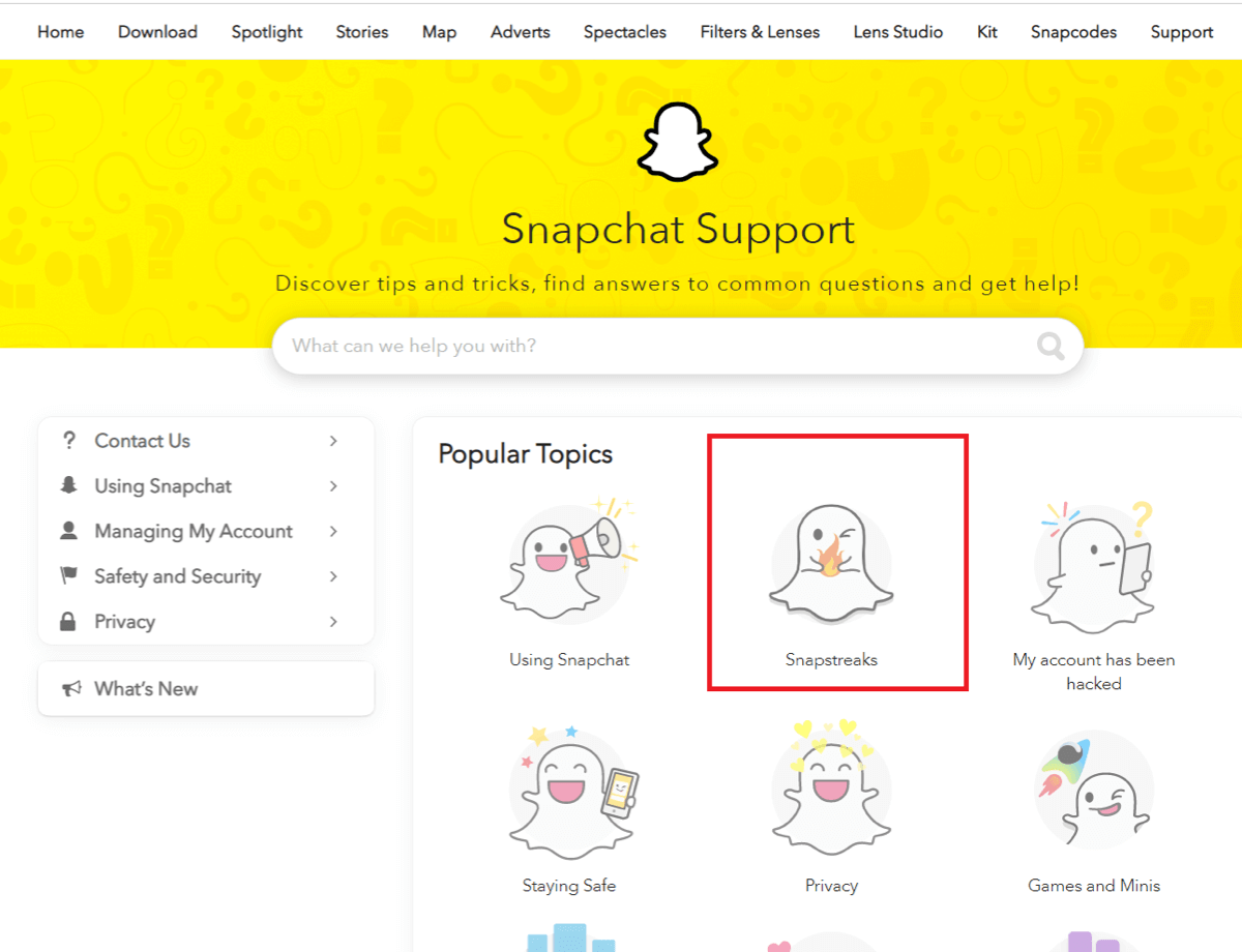 Страница поддержки Snapchat в Интернете.