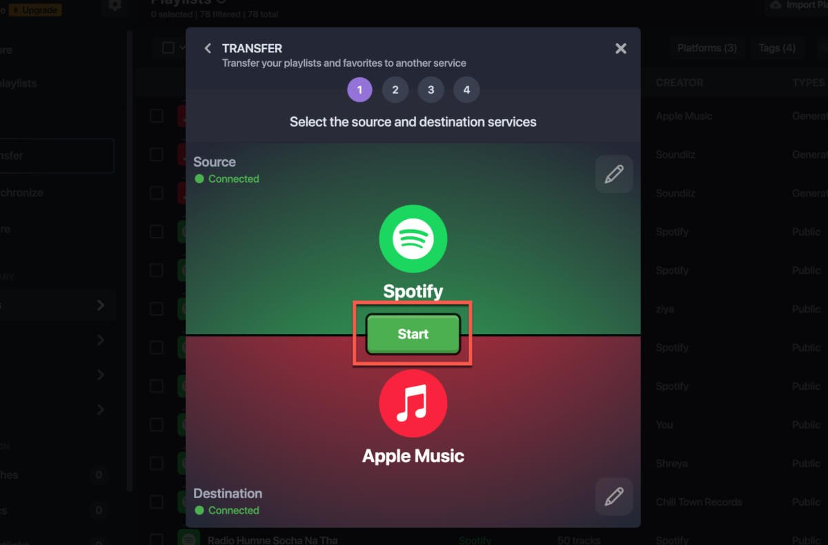 Нажмите «Начать передачу плейлиста Spotify в Apple Music».