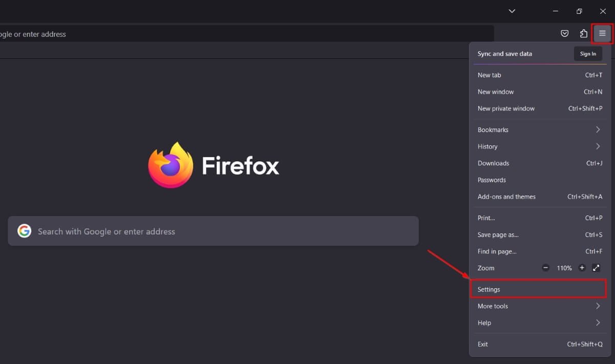 Firefox Выберите настройки