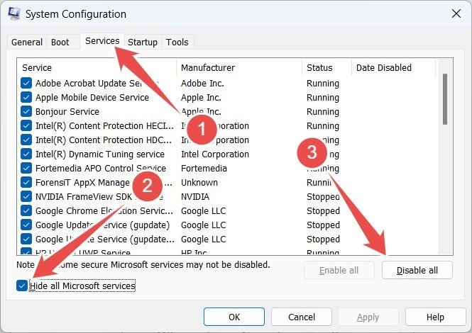 Закрытие всех служб, отличных от Microsoft, в приложении «Конфигурация системы».