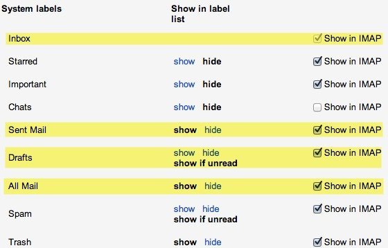 Убедитесь, что в ярлыках вашей системы включена опция «показать в IMAP».