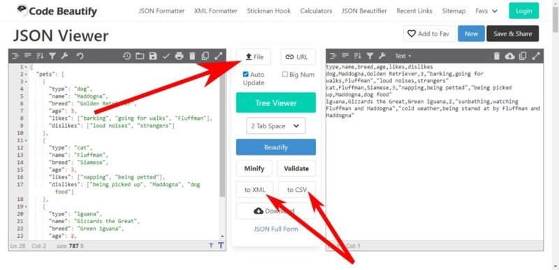 Code Beautify Json Viewer Преобразование файла Json в файл Xml или файл CSV