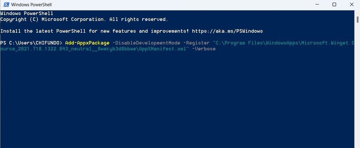 Команда для перерегистрации Winget в Powershell.