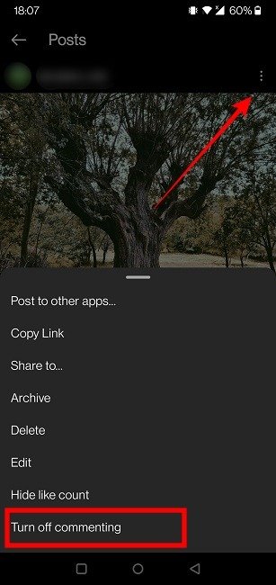 Комментарии Instagram Mobile Отключить комментирование