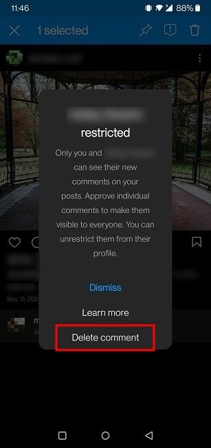 Комментарии Instagram Ограничить Удалить текущий комментарий