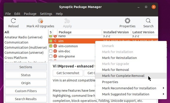 Полностью удалить программу Linux Synaptic Mark Remove