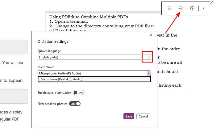 Настройка параметров диктовки Onenote Desktop