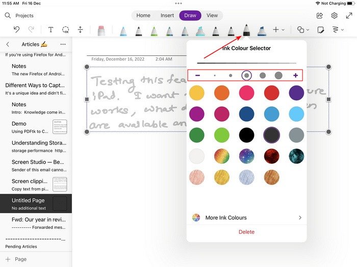 Настройка цвета и толщины пера Onenote для Ipad