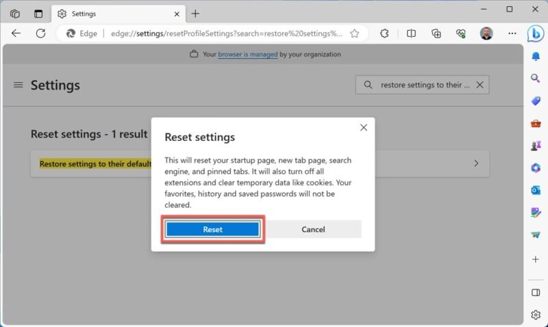 Нажмите кнопку «Сброс», чтобы подтвердить сброс Edge.