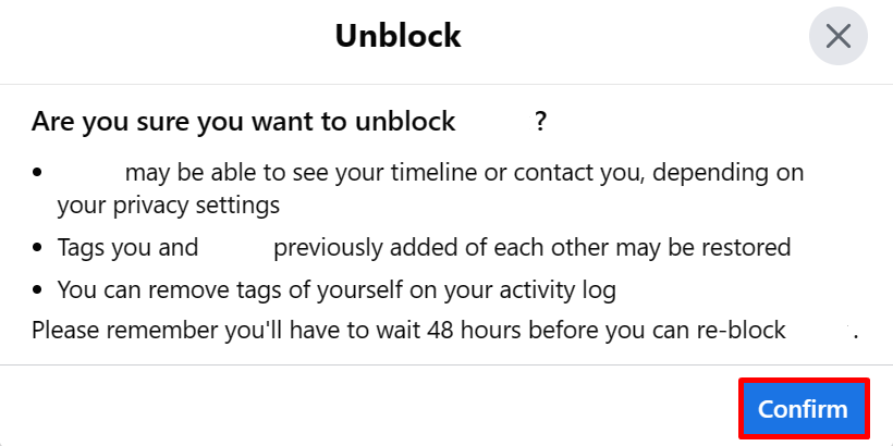 Нажмите «Подтвердить» во всплывающем окне, чтобы подтвердить разблокировку Facebook через браузер.