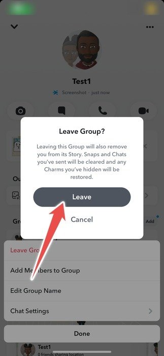 Подтвердите выход из группы, нажав кнопку «Покинуть» в приложении Snapchat.