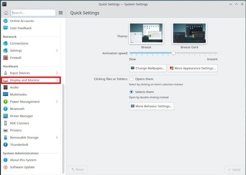 Снимок экрана, на котором показан параметр «Отображение и мониторинг» в окне настроек KDE.
