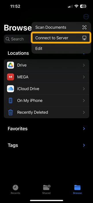 Опция «Подключиться к серверу» в приложении «Файлы» на iPhone.