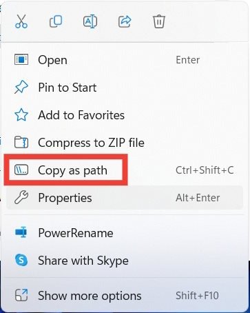 Меню содержимого в Windows с выделенной опцией «Копировать как путь».