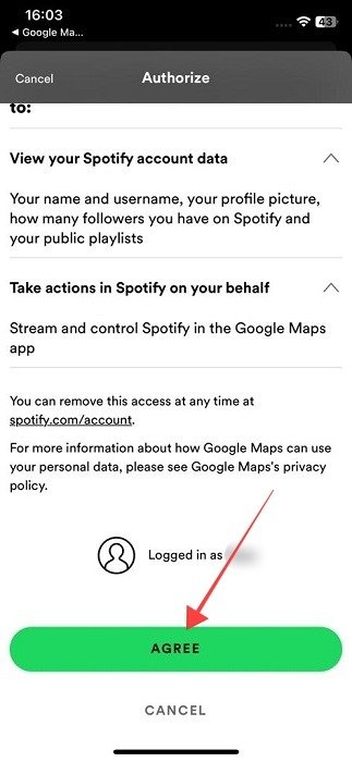 Разрешение Google на доступ к данным Spotify на Картах Google для iOS.