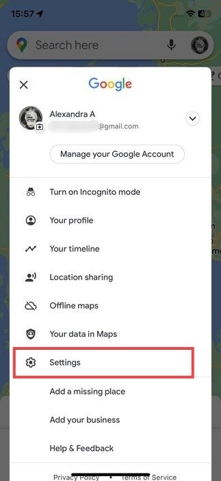 Выбор параметра «Настройки» в Картах Google для iOS.