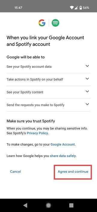 Кнопка «Согласиться и продолжить» для связывания учетных записей Google и Spotify в Картах Google для Android.