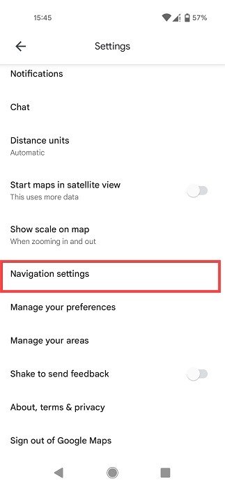 Опция «Настройки навигации» в Картах Google для Android.