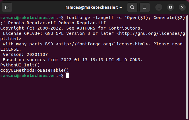 Преобразование шрифтов Ubuntu 11 Команда Fontforge Cli