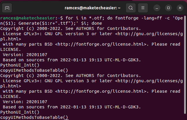 Преобразование шрифтов Ubuntu 12 Команда Fontforge для цикла