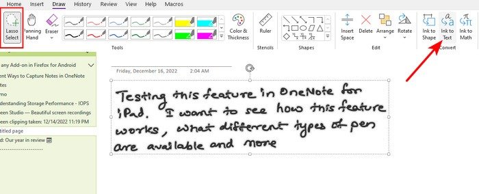 Преобразование рукописных заметок в текст Onenote Desktop