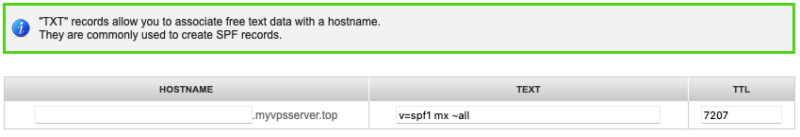 Скриншот примера записи TXT для SPF.