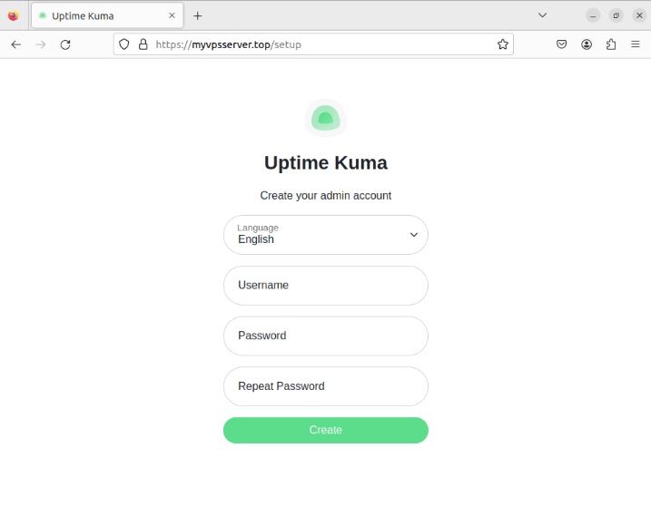 Снимок экрана, показывающий экземпляр Uptime Kuma, проксируемый через Caddy.