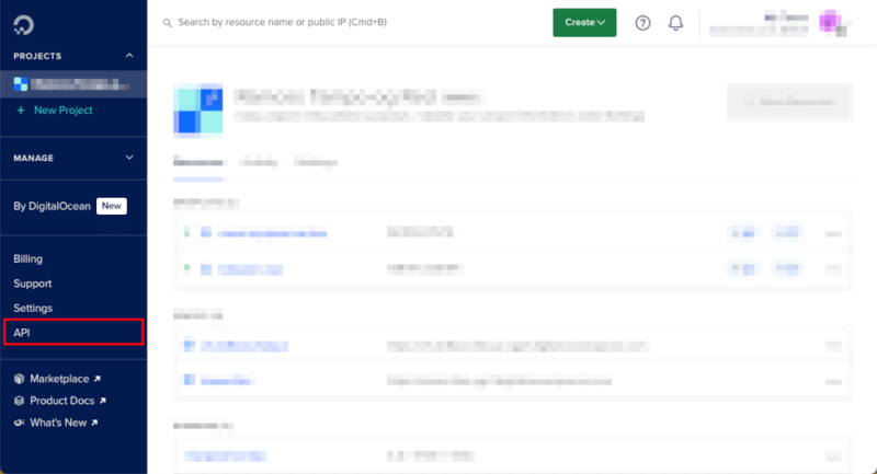 Снимок экрана, на котором выделена кнопка API на панели управления DigitalOcean.