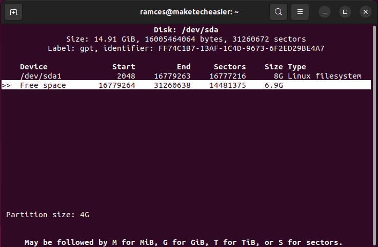 Терминал, показывающий создание второго раздела в cfdisk.