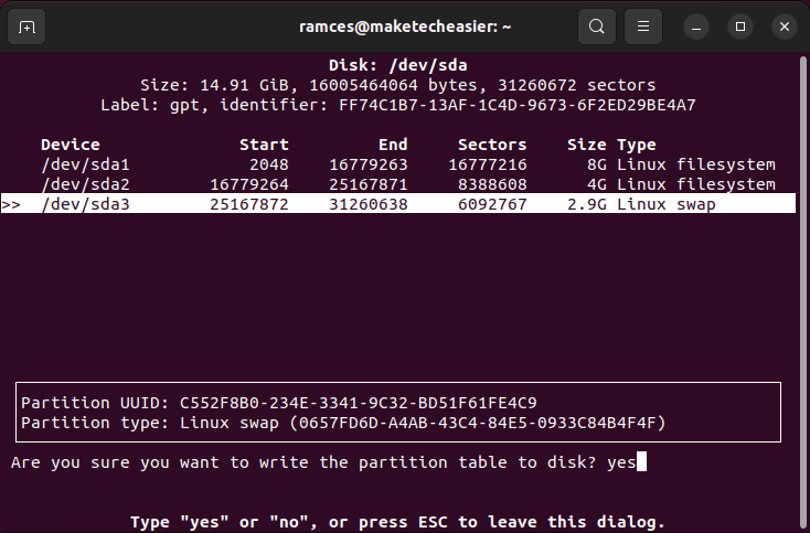 Терминал, показывающий процесс фиксации для cfdisk.