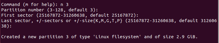 Терминал, показывающий выходные данные процесса создания третьего раздела в fdisk.