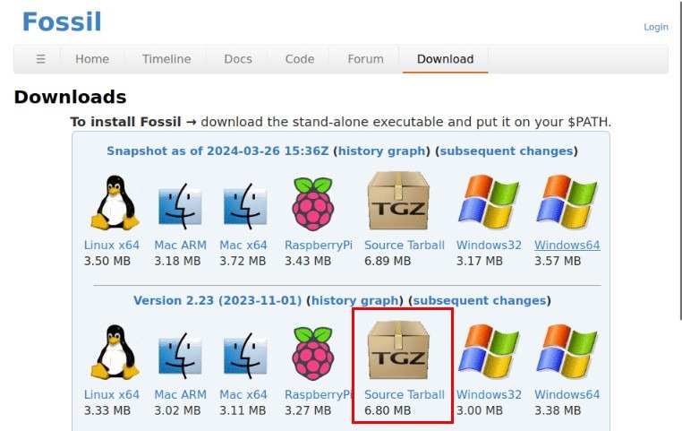 Скриншот со ссылкой на последнюю стабильную версию Fossil.