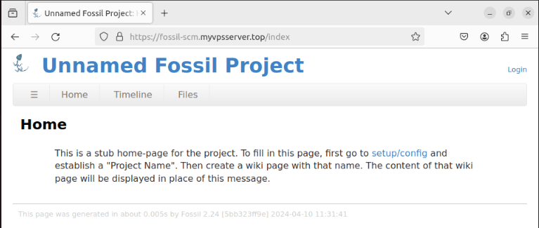Снимок экрана, показывающий целевую страницу только что установленного экземпляра Fossil.
