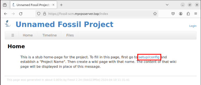 Снимок экрана, показывающий ссылку «Настройка/конфигурация» на целевой странице Fossil по умолчанию.