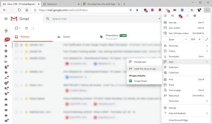 Создать настольное приложение Gmail Microsoft Edge