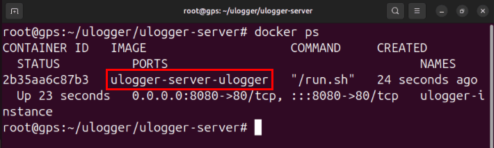 Терминал, выделяющий работающий Docker-контейнер ulogger-server.