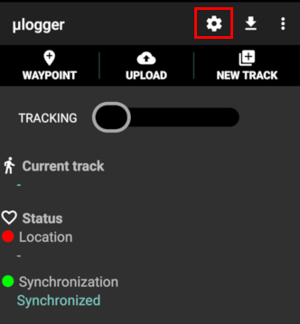 Скриншот, на котором выделен значок шестеренки в мобильном приложении ulogger.
