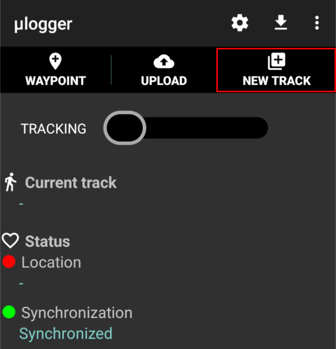 Скриншот, показывающий опцию «Новый трек» в мобильном приложении ulogger.