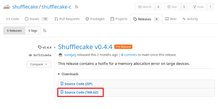 Скриншот загрузки архива Shufflecake на странице разработчика Codeberg.