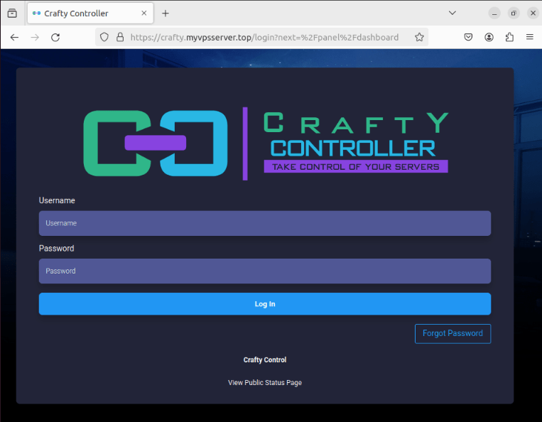 Снимок экрана, показывающий экран входа в Crafty Controller, работающий на субдомене.